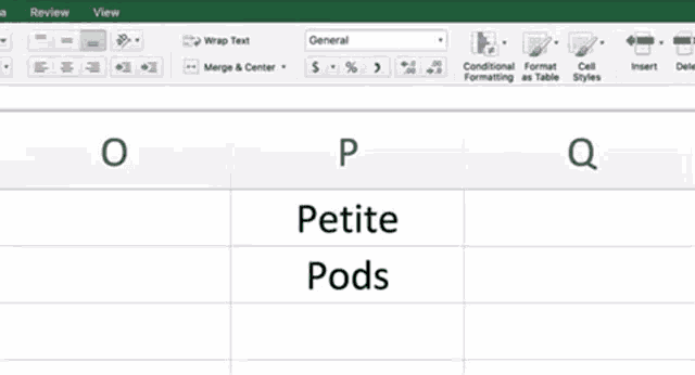 a spreadsheet with the words petite pods written on it