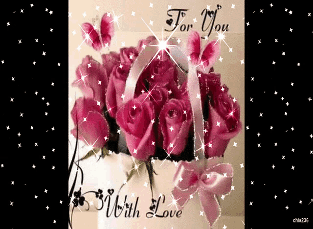 a bouquet of pink roses with the words " for you with love "