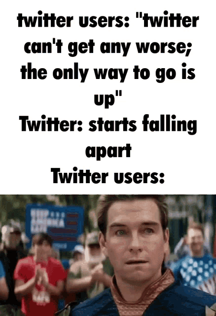 a man stands in front of a crowd of people with a meme about twitter