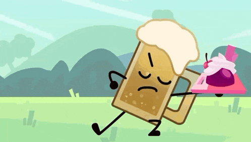 a cartoon of a beer mug holding a dessert