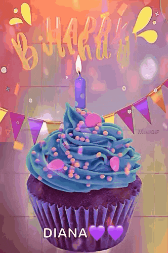 a birthday cupcake with blue frosting and a lit candle with the name diana on it