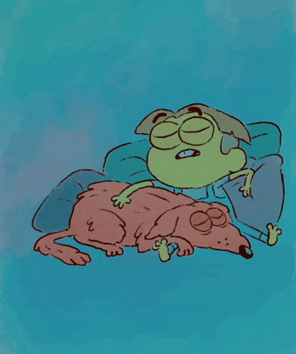 a cartoon of a frog sleeping on a couch next to a dog