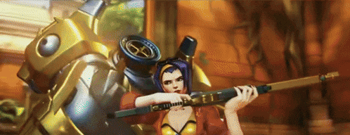 a woman with purple hair is holding a gun in front of a robot ..