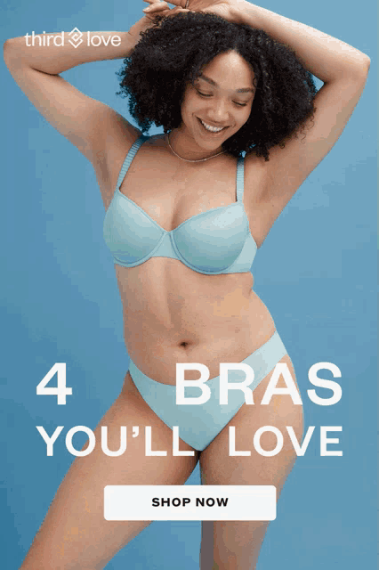 a woman is wearing a blue bra and blue underwear with the words 4 bras you 'll love
