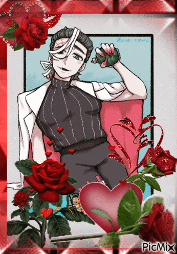 a picture of a man surrounded by red roses and a heart with picmix written on the bottom