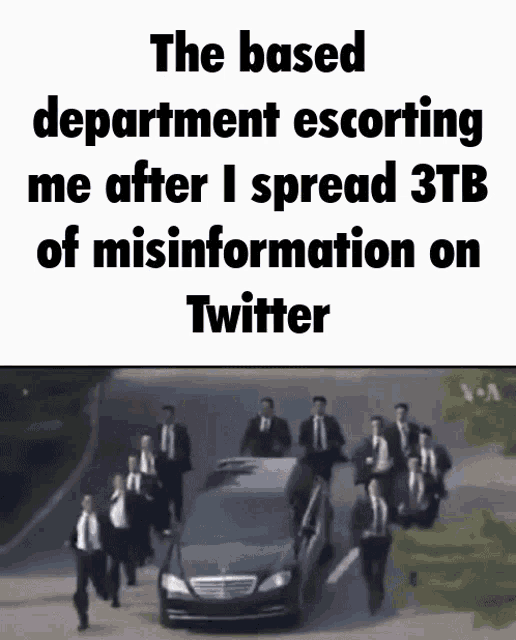 the based department escorting me after i spread 3tb of misinformation on twitter meme
