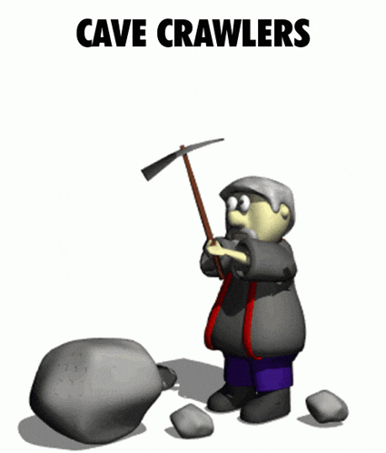 a cartoon of a man with a pickaxe and the words cave crawlers