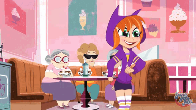 a super hero girls cartoon shows a girl in a purple hoodie