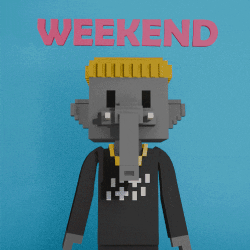 a cartoon character wearing a black shirt that says weekend on it