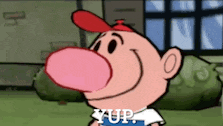 a cartoon character blowing a bubble with the word yup written on it