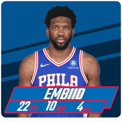 a philadelphia basketball player named embiid is wearing a blue and red jersey