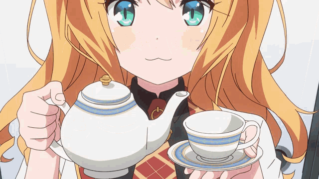 a girl is holding a teapot and a cup