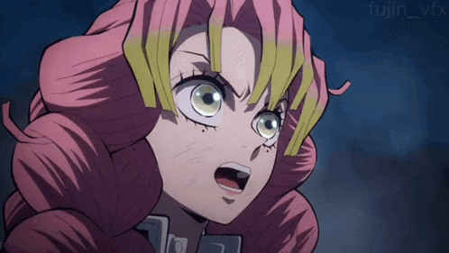 a close up of a girl with pink hair and yellow eyelashes
