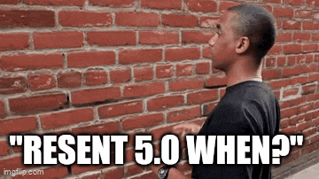 a man is standing in front of a brick wall with the words " resent 5.0 when ? "