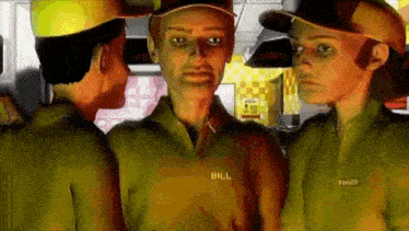 a group of people are standing next to each other and one of them has the name bill on her shirt