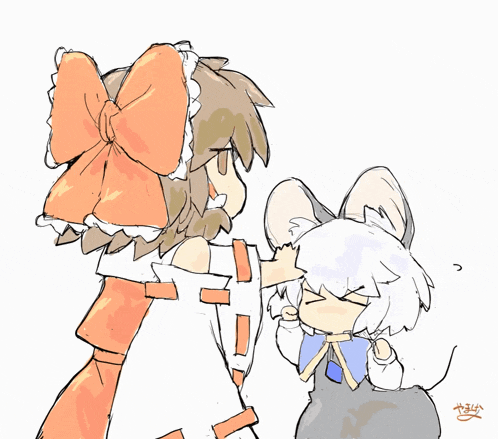 a drawing of a girl with an orange bow on her head and a mouse