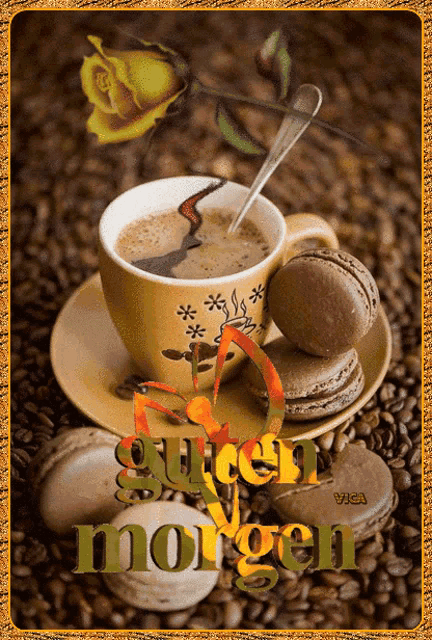 a cup of coffee sits on a saucer with the words guten morgen