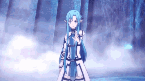 a girl with long blue hair is standing in a foggy forest holding a sword .
