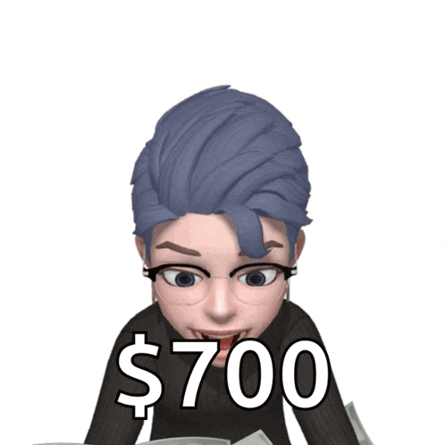 a cartoon woman is holding up her arms in the air while money falls around her