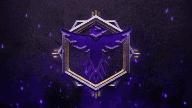 a purple and gold emblem with a bird in a hexagon