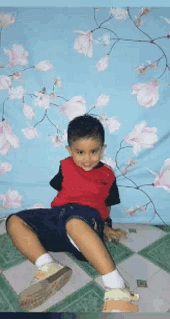 a young boy in a red shirt is sitting on the floor in front of a floral background