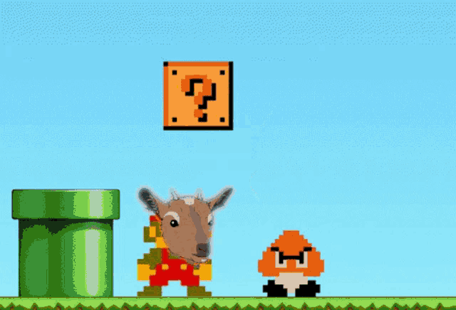 a goat is standing next to a mushroom and a green pipe in a video game
