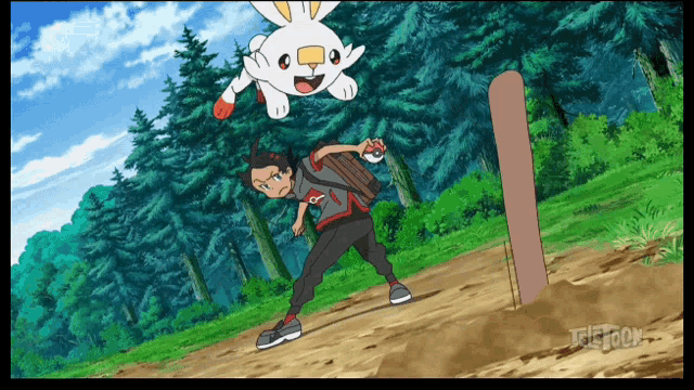 a cartoon of a boy holding a pokeball and a rabbit flying overhead