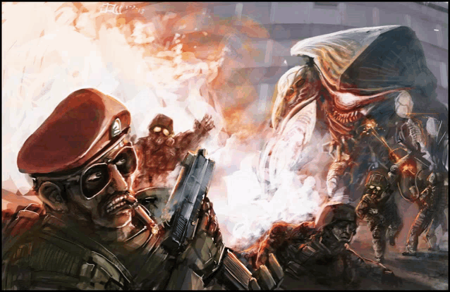 a painting of a soldier holding a gun in front of a monster that says ' j.k. ' on it