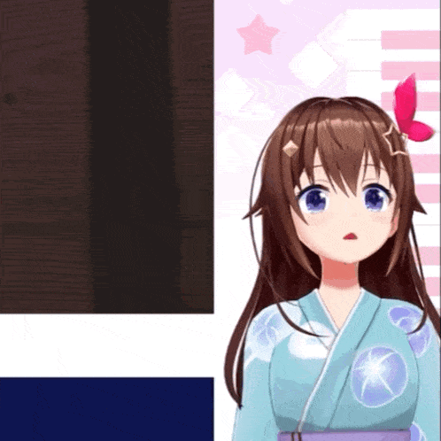 a girl with long brown hair and blue eyes is wearing a kimono