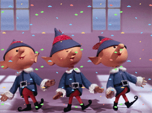 three cartoon elves are dancing in a room with confetti falling from the ceiling