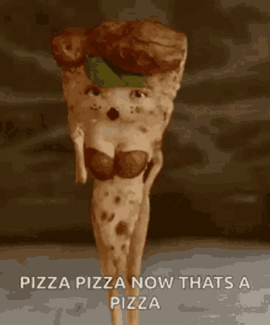a slice of pizza with a woman 's face on it and the words " pizza pizza now thats a pizza "