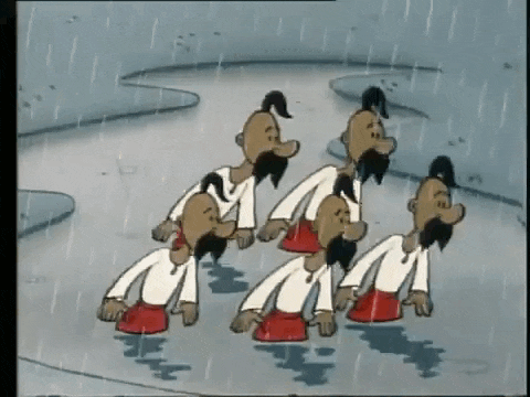 a group of cartoon characters standing in the rain .