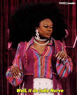 a woman in a striped shirt and fringed vest says well it do take nurve