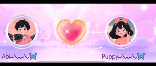 a boy and a girl are standing next to each other with the name abi and puppy