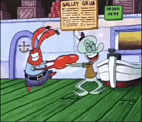 a cartoon of spongebob and squidward in front of a sign that says galley grub order here