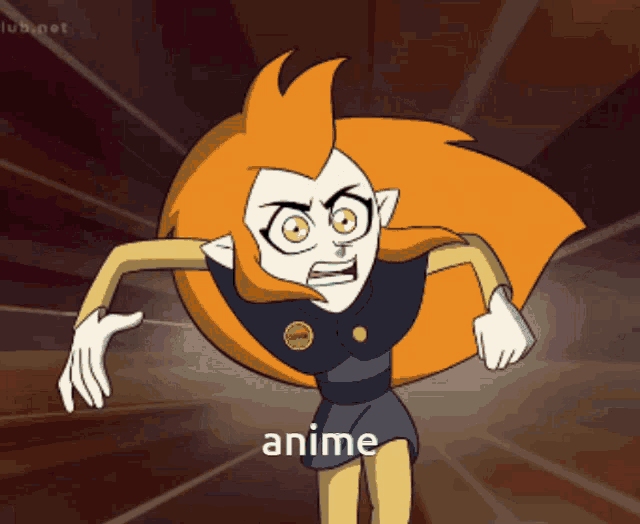 a cartoon character with orange hair and the word anime in the corner