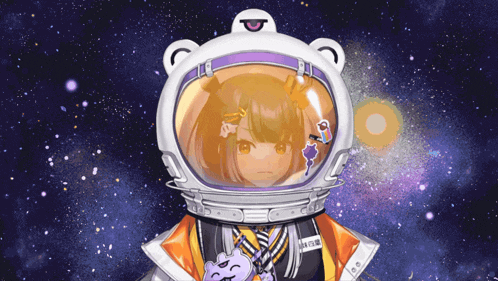a girl in a space suit with the letter p on her helmet