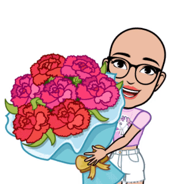 a cartoon of a woman holding a bouquet of pink carnations