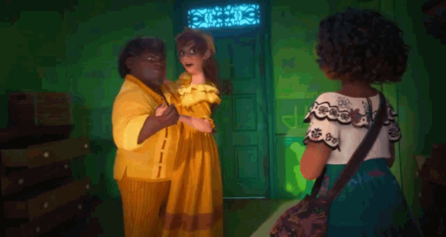a group of cartoon characters standing next to each other in a room .