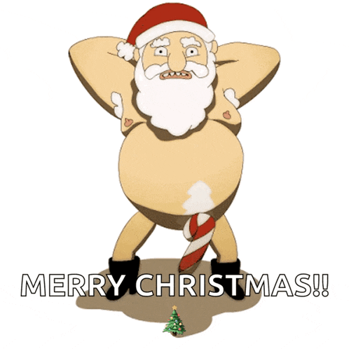 a cartoon of santa claus with a candy cane in his butt and the words merry christmas