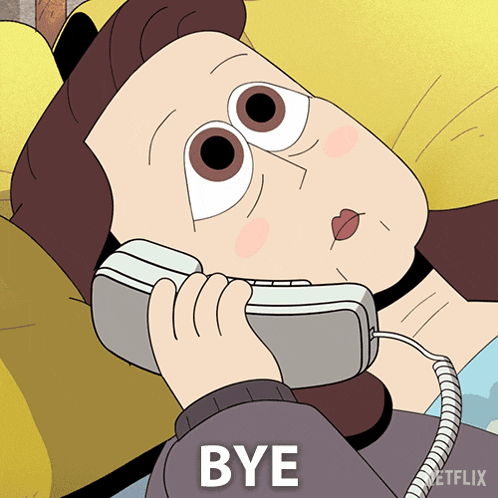 a cartoon of a woman laying on a couch talking on a telephone with the word bye written below her
