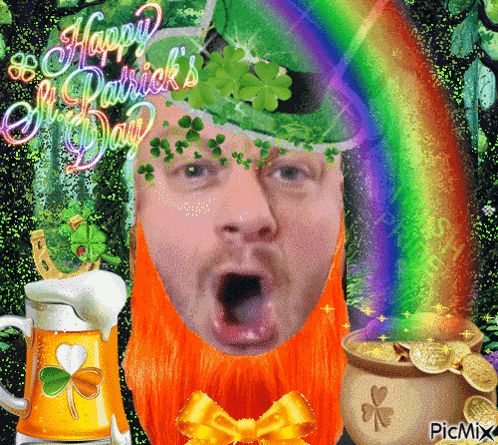 a greeting card for st. patrick 's day with a man wearing a leprechaun hat and red hair