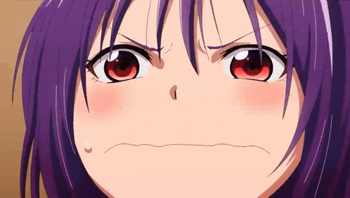 a girl with purple hair and red eyes is making a funny face