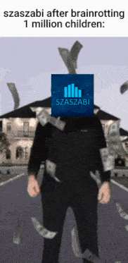 a man is surrounded by money with a szaszabi logo on his head