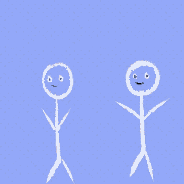 two stick figures are standing next to each other and one has a red ball in his head