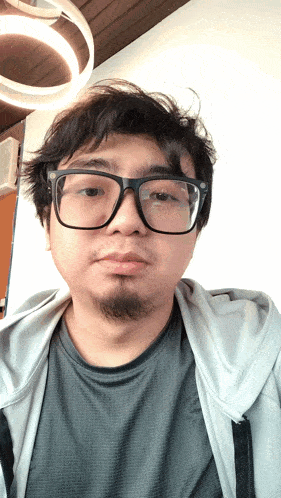 a man wearing glasses and a grey shirt is looking at the camera