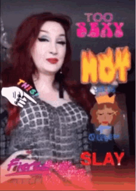 a woman with red hair is pointing at a sign that says too sexy now