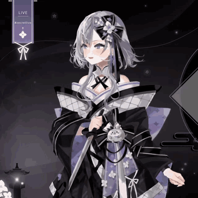a girl in a kimono is holding a sword in front of a banner that says " live "