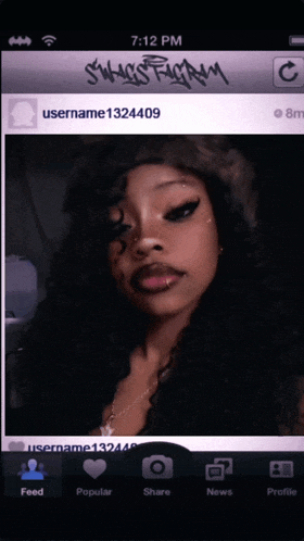 a phone screen shows a picture of a woman with the username username1324909
