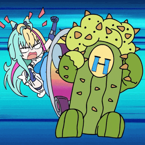 a cartoon drawing of a girl and a monster with the letter h on it